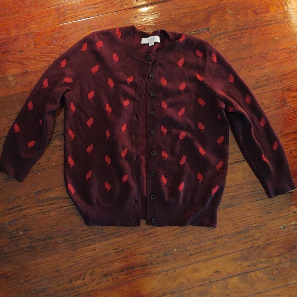 LOFT Maroon and Pink Cat Cardigan Size M